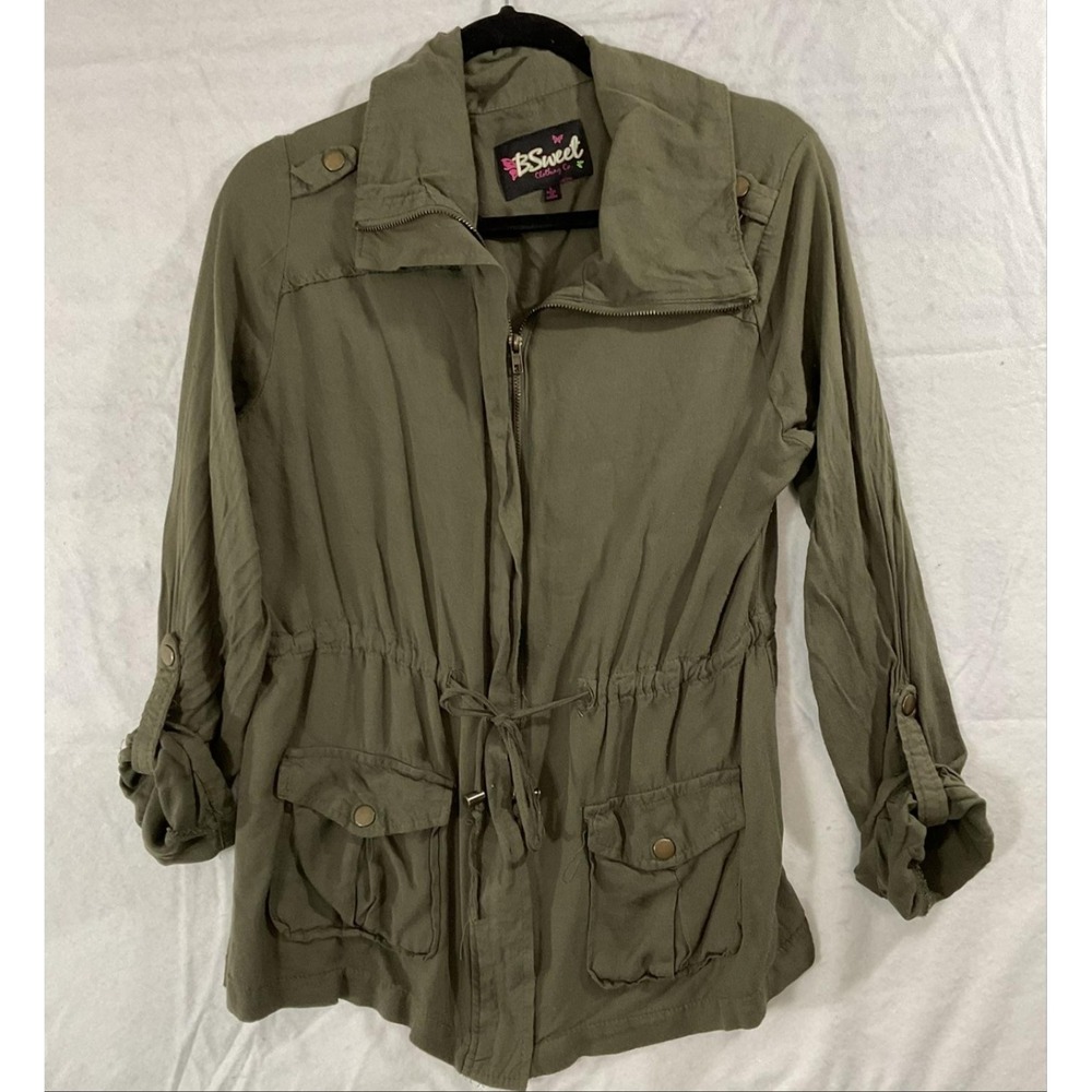 BSweet Jacket Juniors Large Green Anorak Lightweight Zip Drawstring Pockets